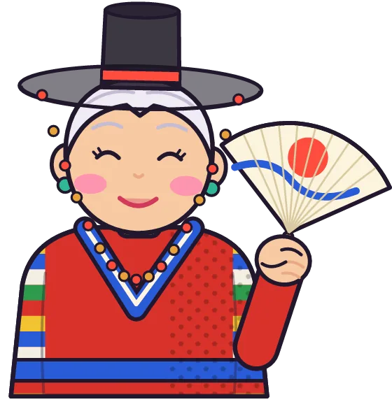 Saju Grandma in her black gat and red robe, holding up her painted fan